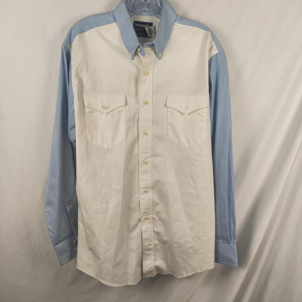 Vintage Wrangler Shirt Mens Large White Blue Colorblock Western Cotton Made USA